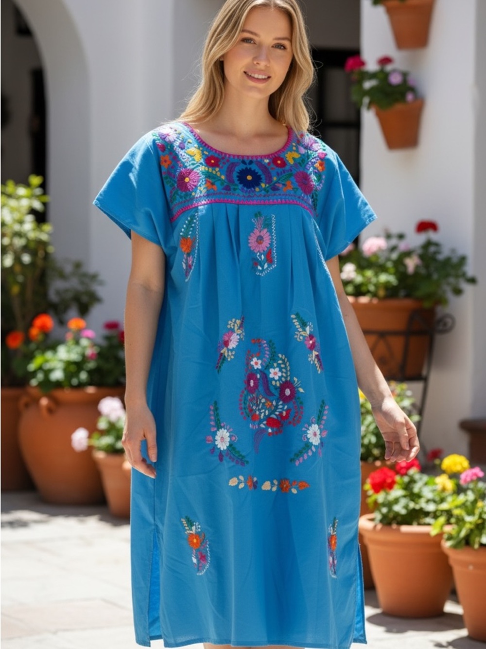Embroidered Mexican Turquoise Blue Maxi Dress with Floral Accents